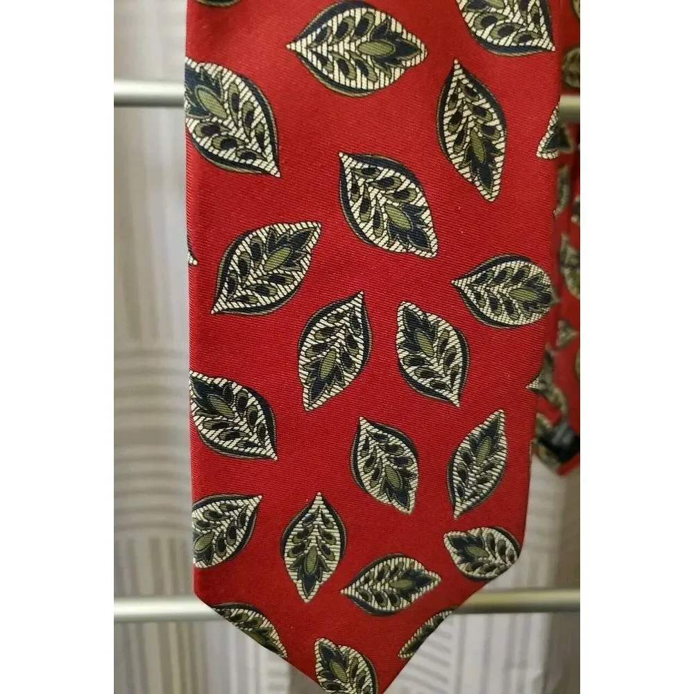 Lands' End Direct Merchants Luxury Tie Red Leafy‎ Printed Silk Necktie